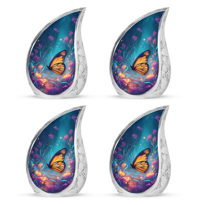 Pastel Blue Butterfly Cremation Urn close-up of engraving and surface detail - rounded teardrop butterfly design with delicate detail - 10 inch aluminum urn for cremated remains