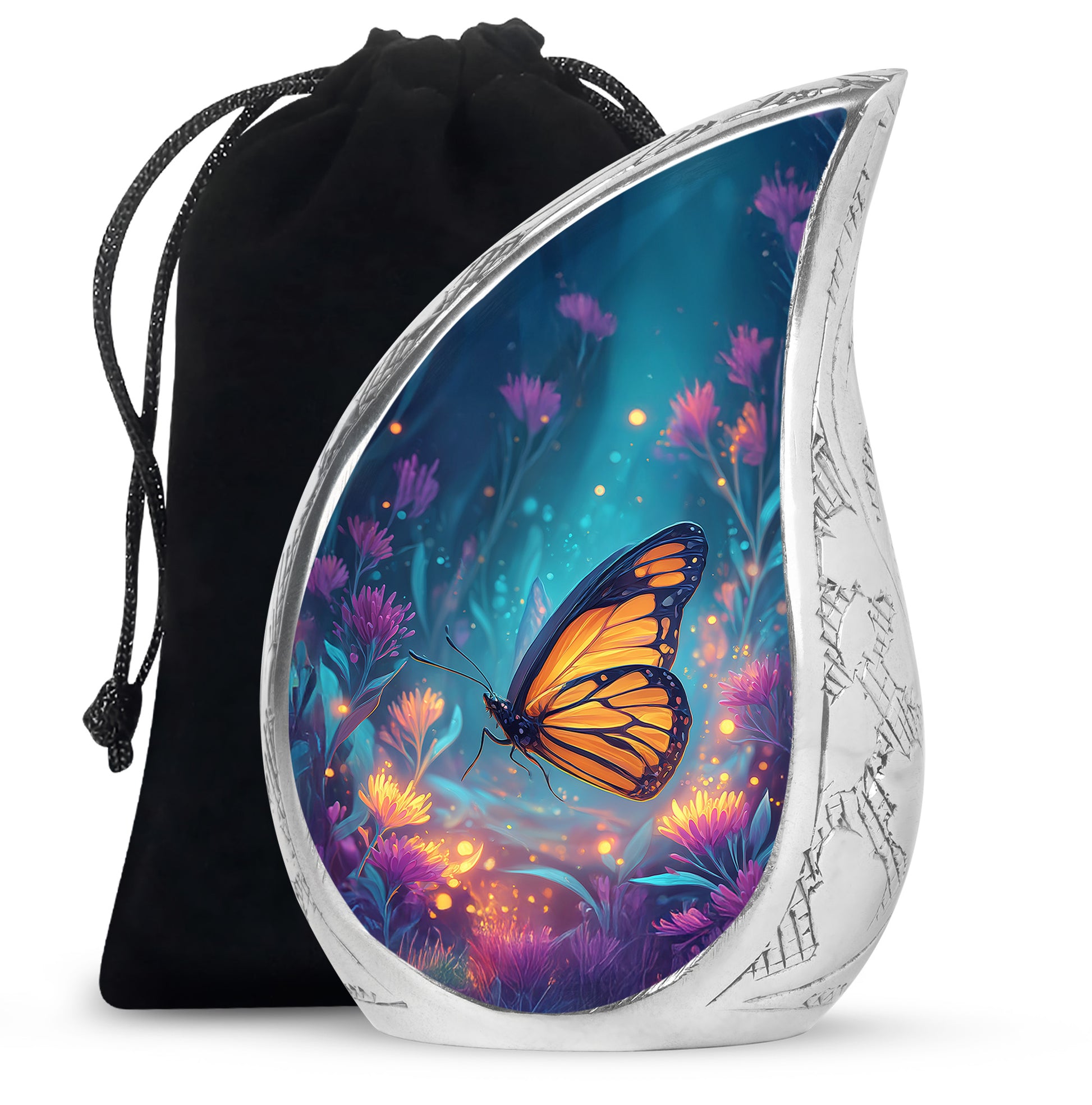 Slate Blue Butterfly Cremation Urn front view showing detailed design - flowing teardrop butterfly silhouette on curved aluminum - full-size 10 inch 200 cubic inch adult cremation urn