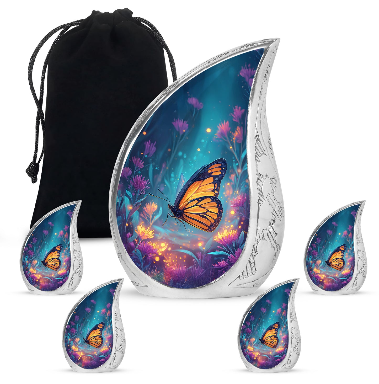 Dusty Blue Butterfly Cremation Urn side profile showing urn shape - rounded teardrop butterfly design with delicate detail - memorial set with one large and four small urns