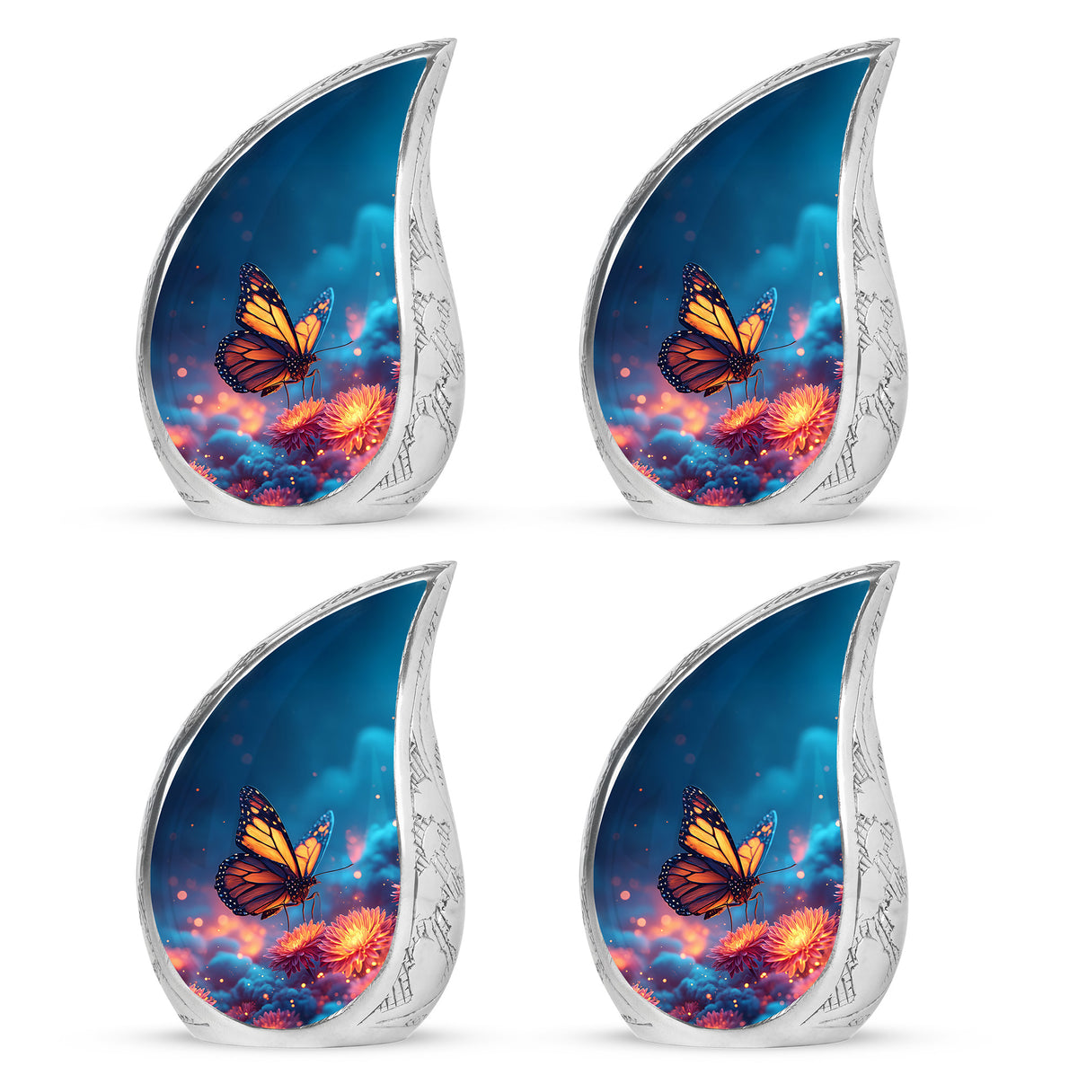 Celestial Blue Butterfly Cremation Urn close-up of engraving and surface detail - rounded teardrop butterfly design with delicate detail - 10 inch aluminum urn for cremated remains
