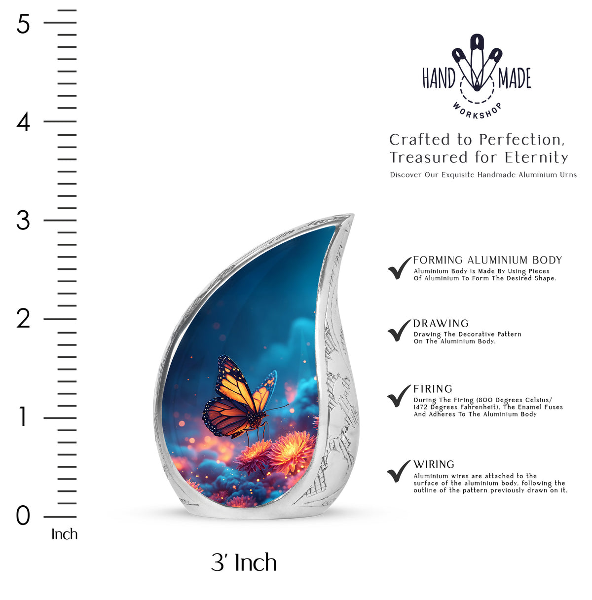 Icy Blue Butterfly Cremation Urn angled view of lid and engraved motif - rounded teardrop butterfly design with delicate detail - mini keepsake memorial for portion of cremation ashes