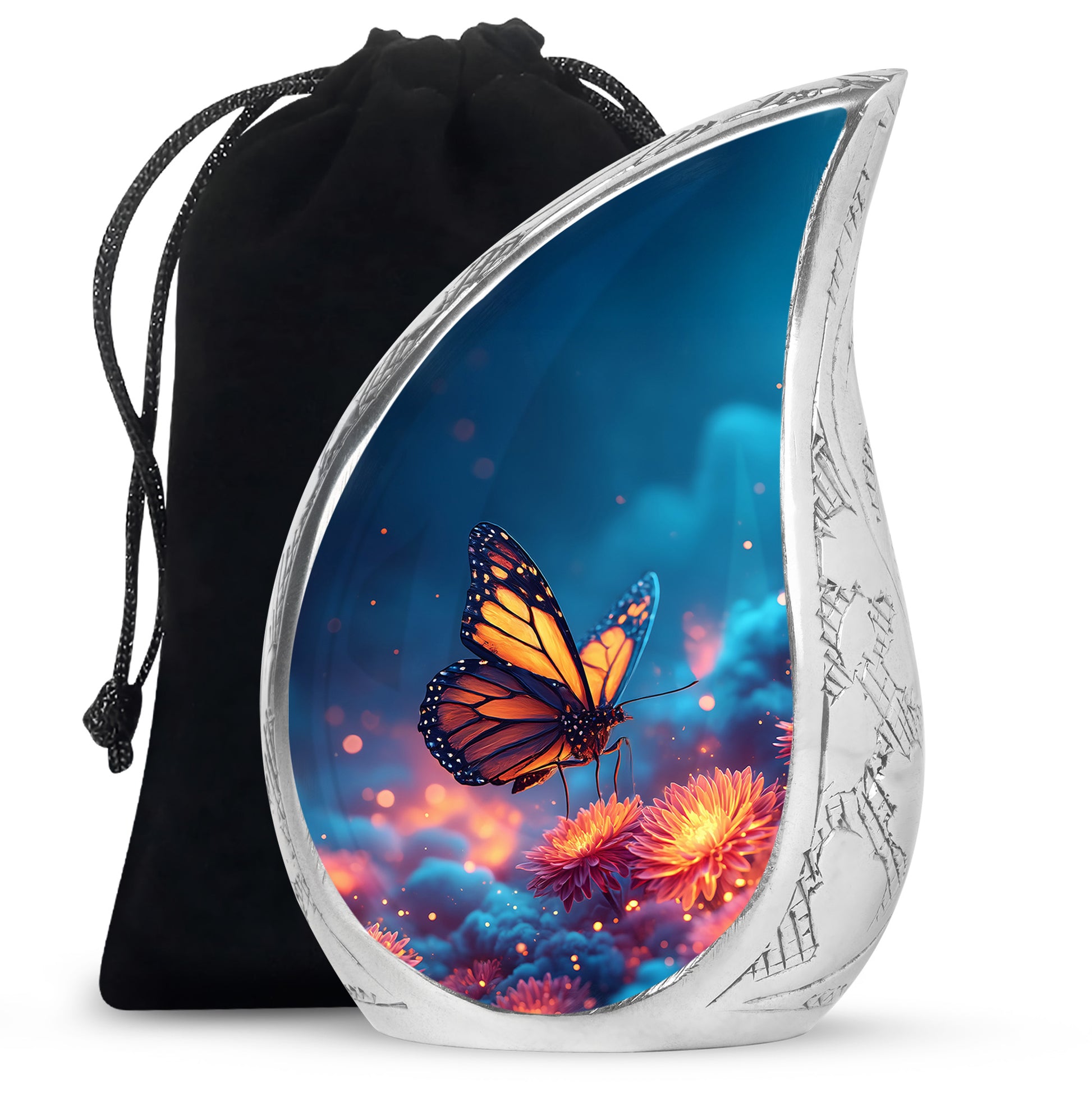 Dusty Blue Butterfly Cremation Urn front view showing detailed design - rounded teardrop butterfly design with delicate detail - full-size 10 inch 200 cubic inch adult cremation urn