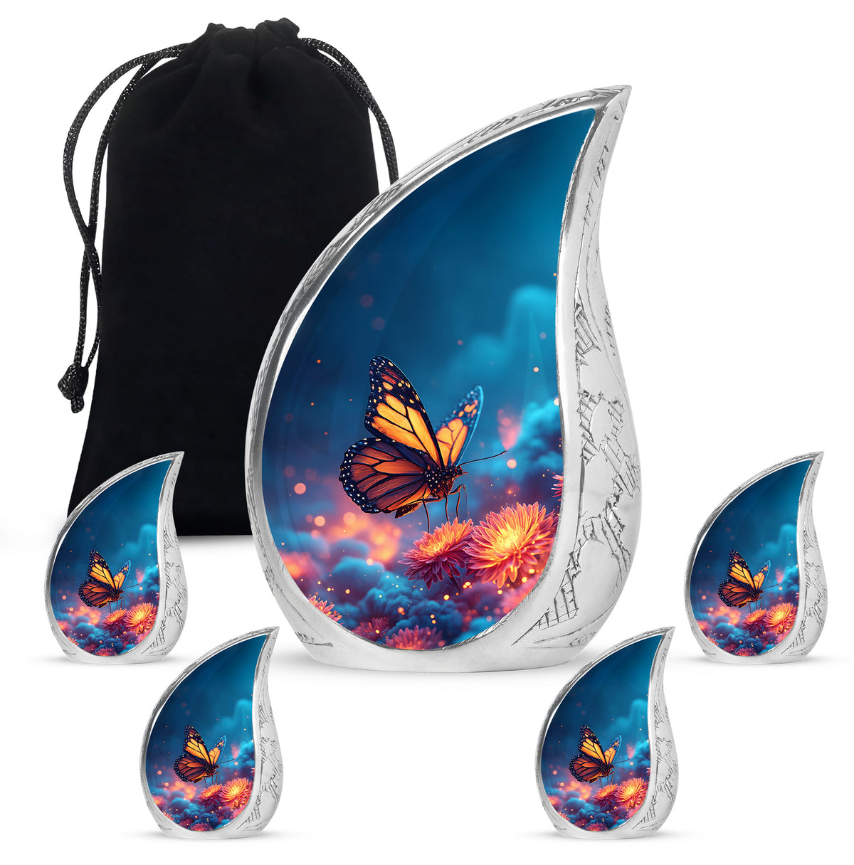 Cornflower Blue Butterfly Cremation Urn side profile showing urn shape - graceful tear-shaped urn with butterfly motif - memorial set with one large and four small urns