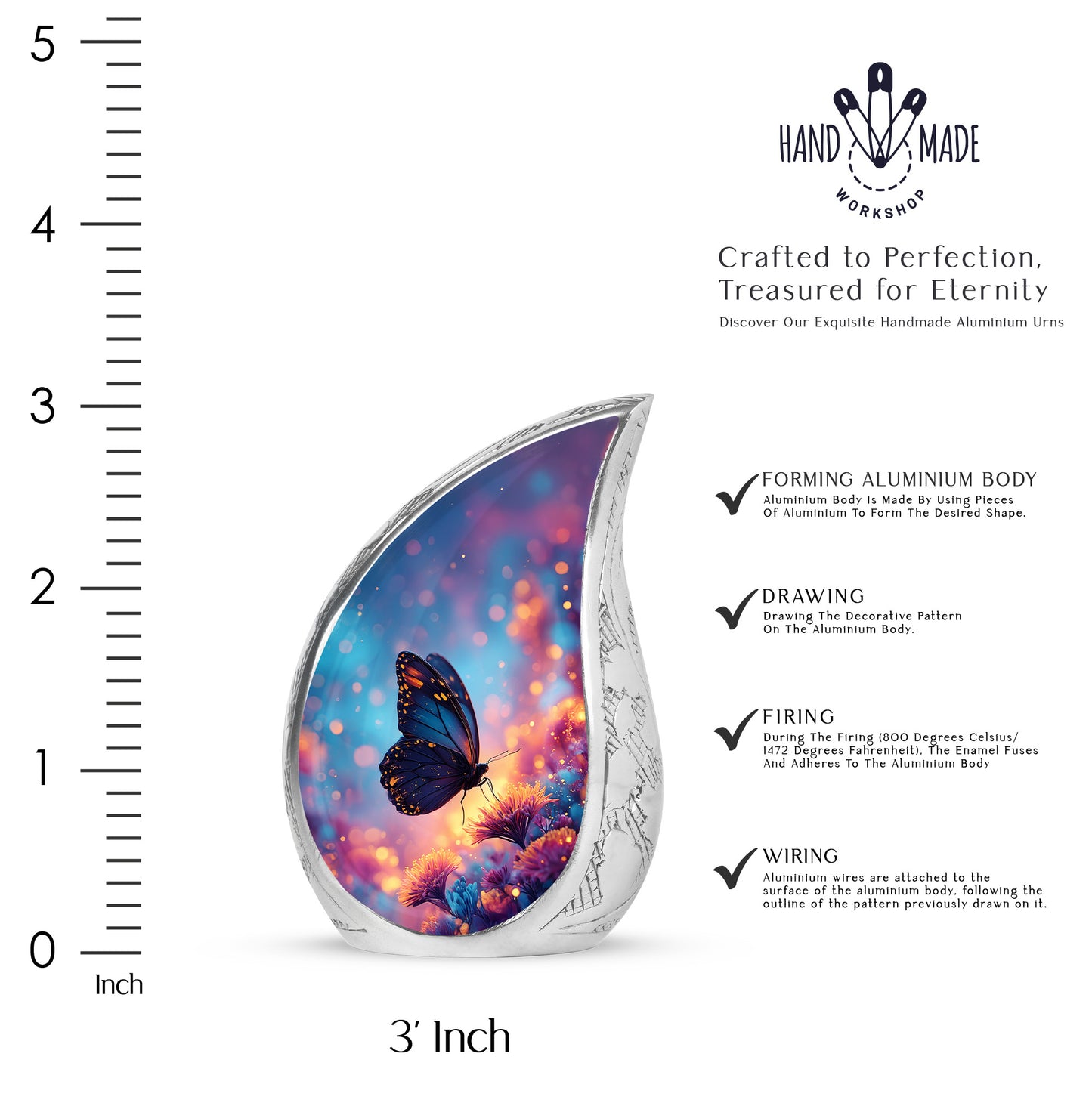 Calming Blue Butterfly Cremation Urn angled view of lid and engraved motif - graceful tear-shaped urn with butterfly motif - mini keepsake memorial for portion of cremation ashes