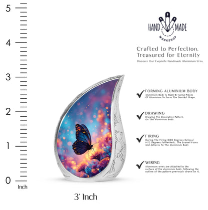 Calming Blue Butterfly Cremation Urn angled view of lid and engraved motif - graceful tear-shaped urn with butterfly motif - mini keepsake memorial for portion of cremation ashes