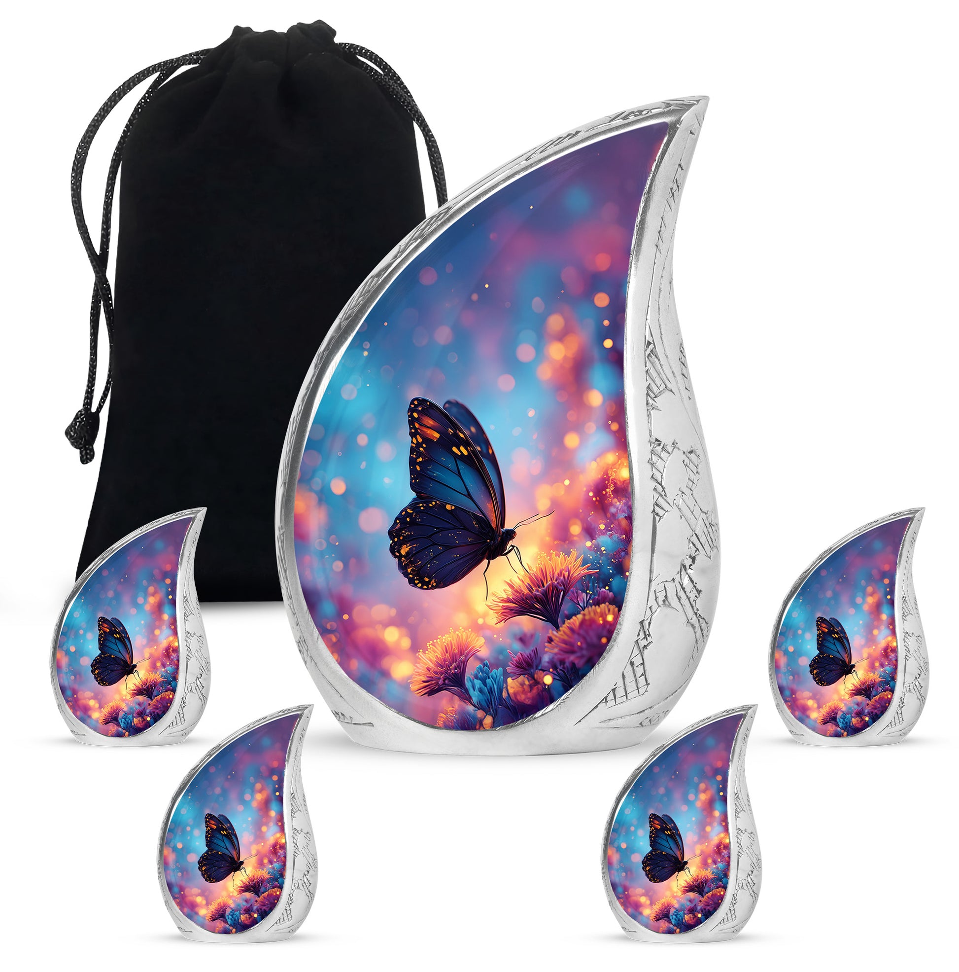 Indigo Butterfly Cremation Urn side profile showing urn shape - flowing teardrop butterfly silhouette on curved aluminum - memorial set with one large and four small urns