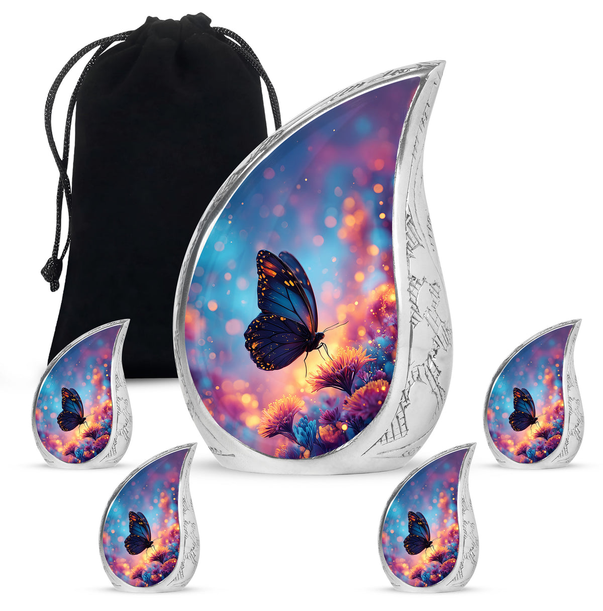Indigo Butterfly Cremation Urn side profile showing urn shape - flowing teardrop butterfly silhouette on curved aluminum - memorial set with one large and four small urns