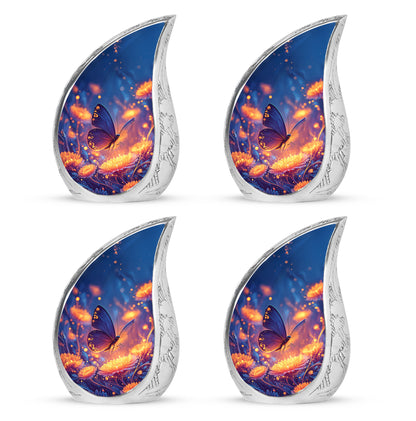 Indigo Butterfly Cremation Urn close-up of engraving and surface detail - flowing teardrop butterfly silhouette on curved aluminum - 10 inch aluminum urn for cremated remains