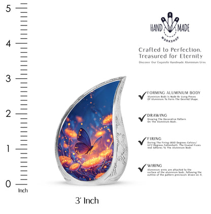Calming Blue Butterfly Cremation Urn angled view of lid and engraved motif - smooth teardrop contour featuring butterfly art - mini keepsake memorial for portion of cremation ashes