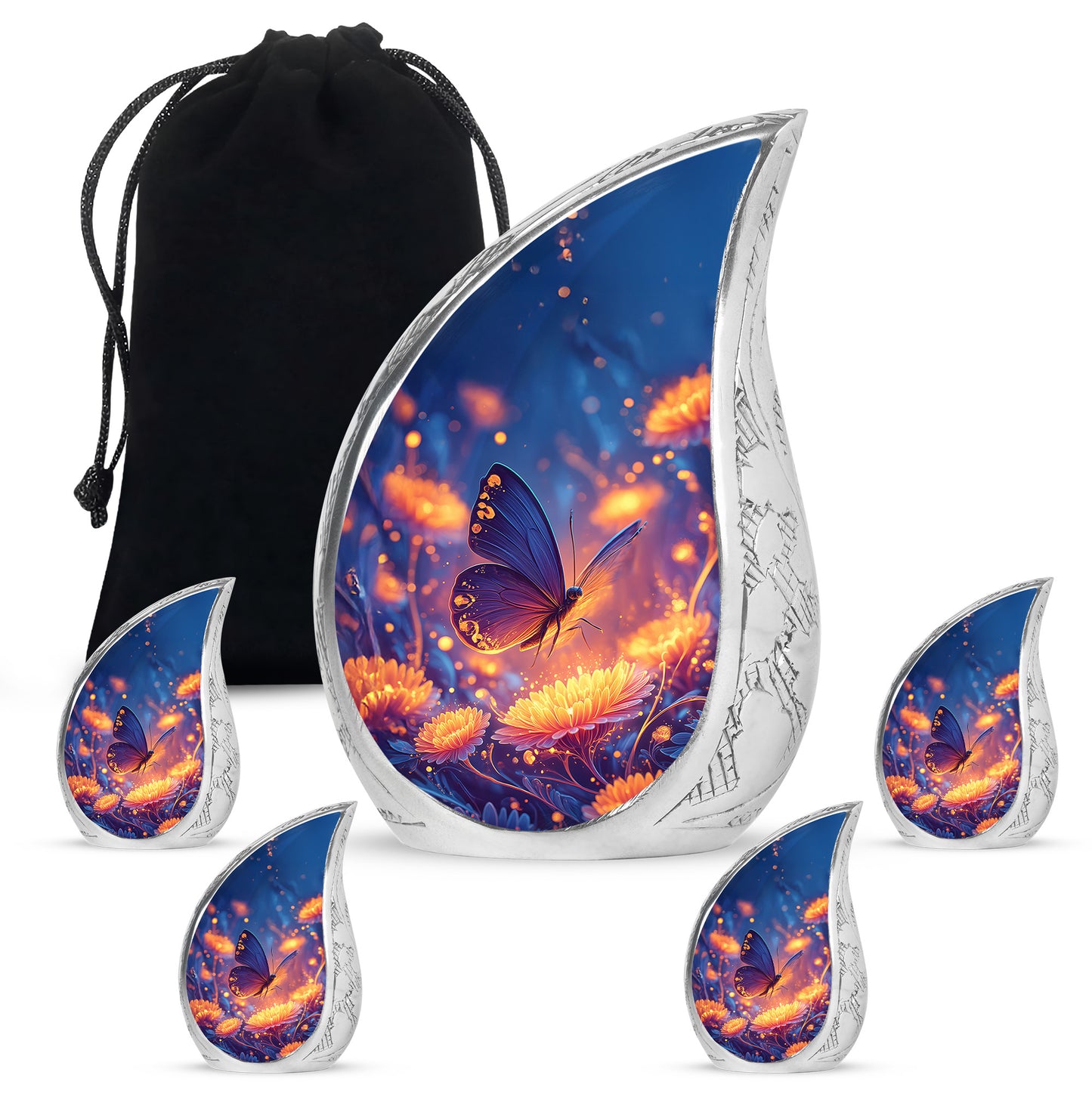 Cornflower Blue Butterfly Cremation Urn side profile showing urn shape - graceful tear-shaped urn with butterfly motif - memorial set with one large and four small urns