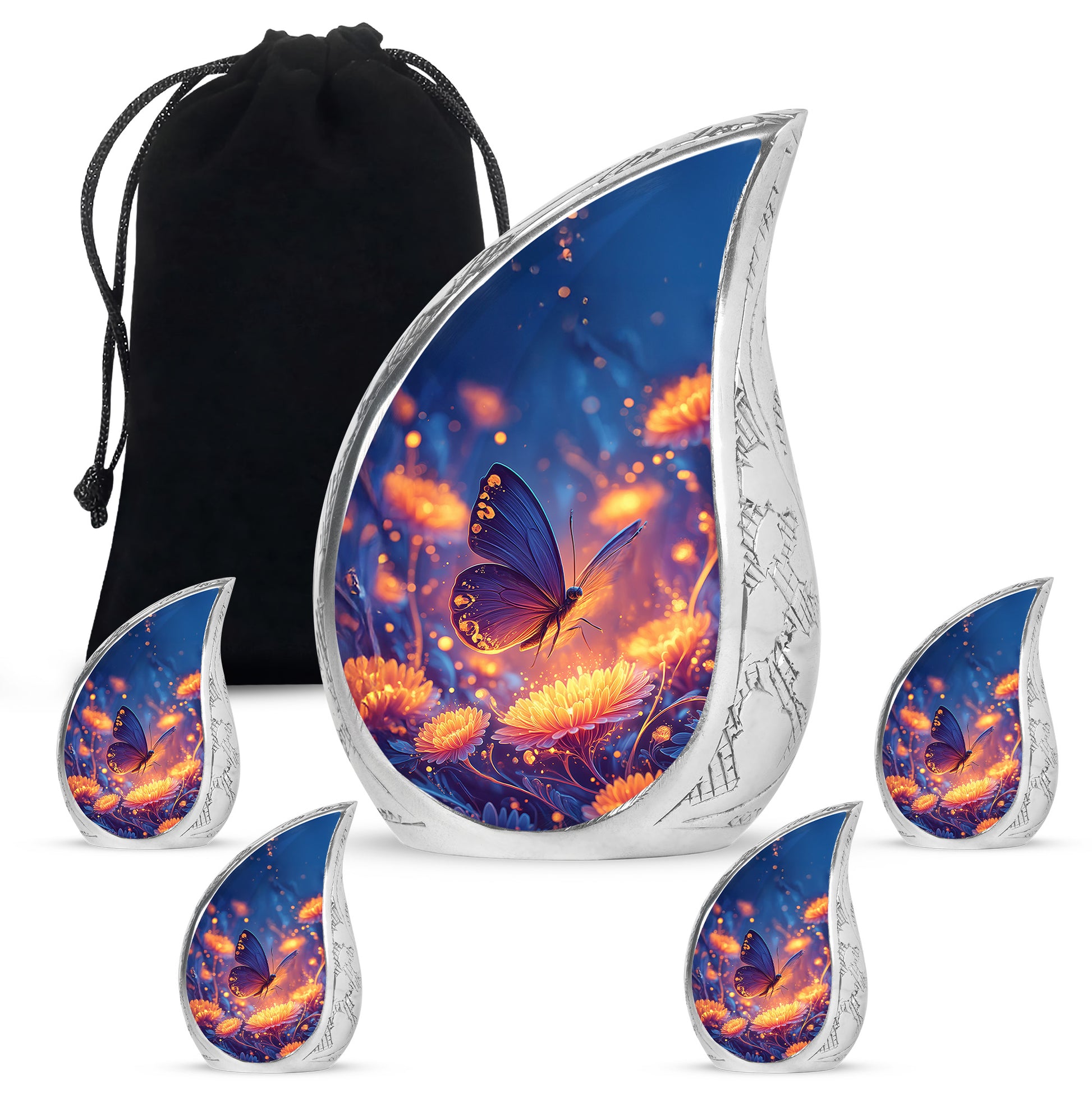 Cornflower Blue Butterfly Cremation Urn side profile showing urn shape - graceful tear-shaped urn with butterfly motif - memorial set with one large and four small urns