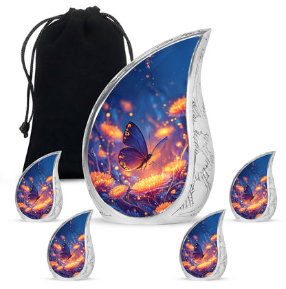 Cornflower Blue Butterfly Cremation Urn side profile showing urn shape - graceful tear-shaped urn with butterfly motif - memorial set with one large and four small urns