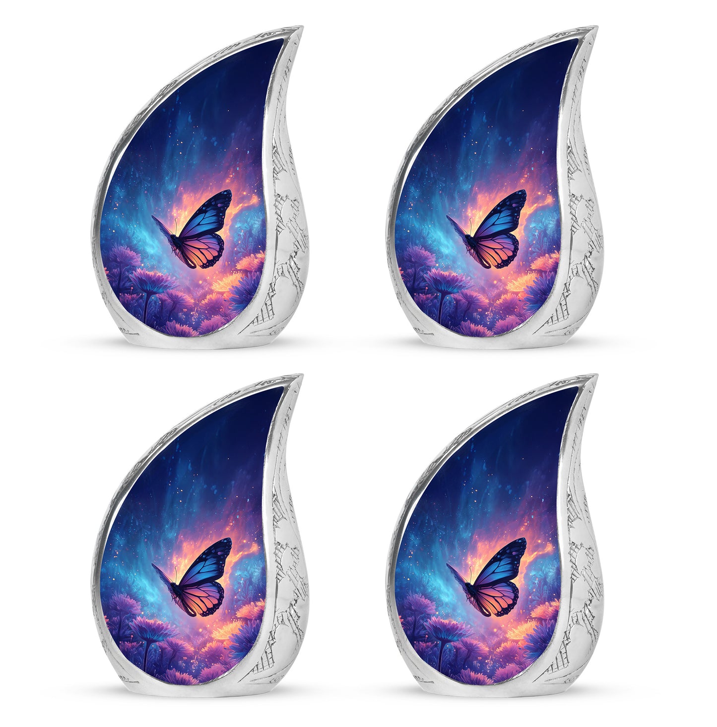 Azure Butterfly Cremation Urn close-up of engraving and surface detail - rounded teardrop butterfly design with delicate detail - 10 inch aluminum urn for cremated remains