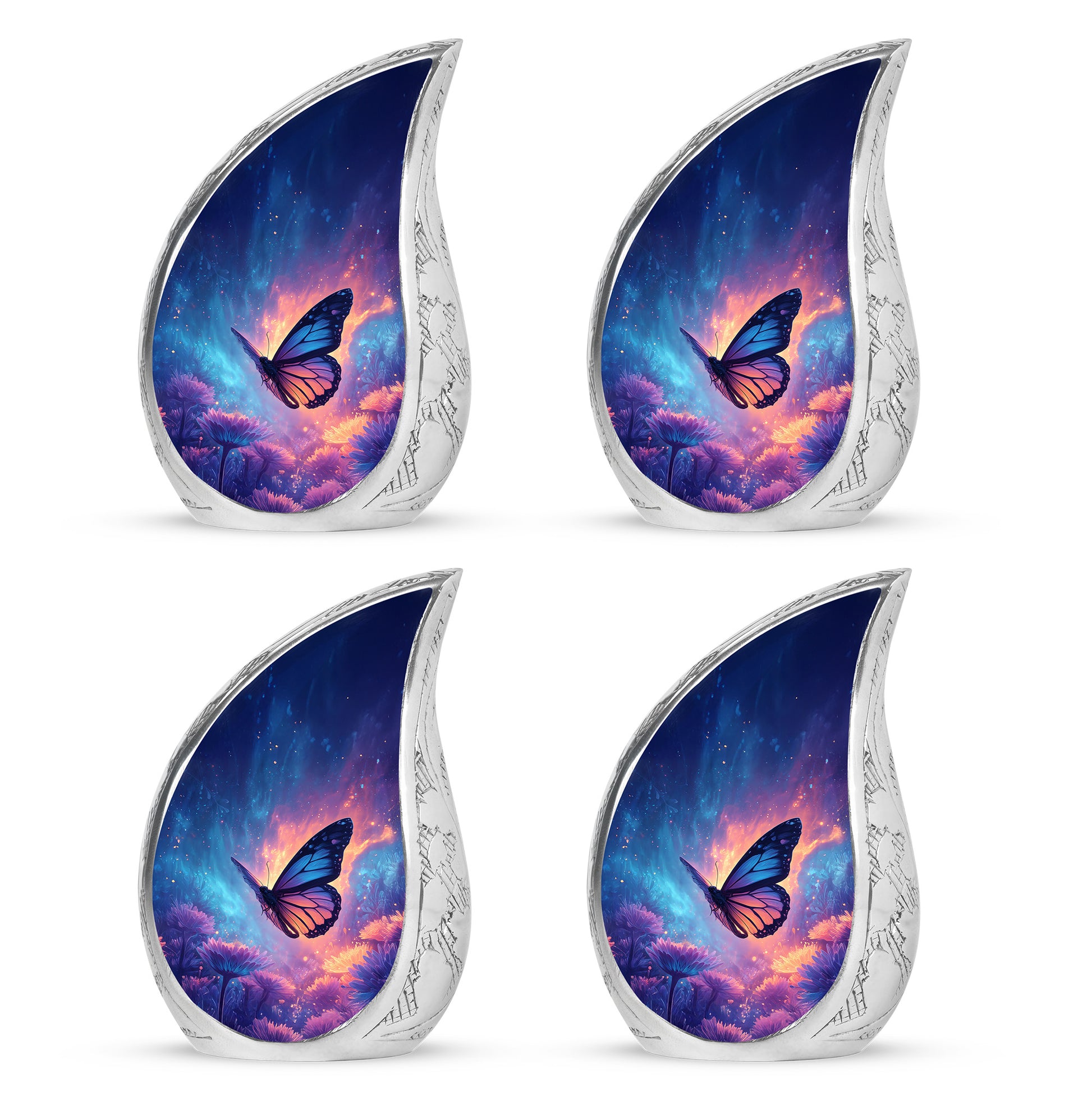 Azure Butterfly Cremation Urn close-up of engraving and surface detail - rounded teardrop butterfly design with delicate detail - 10 inch aluminum urn for cremated remains