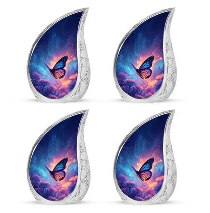 Azure Butterfly Cremation Urn close-up of engraving and surface detail - rounded teardrop butterfly design with delicate detail - 10 inch aluminum urn for cremated remains