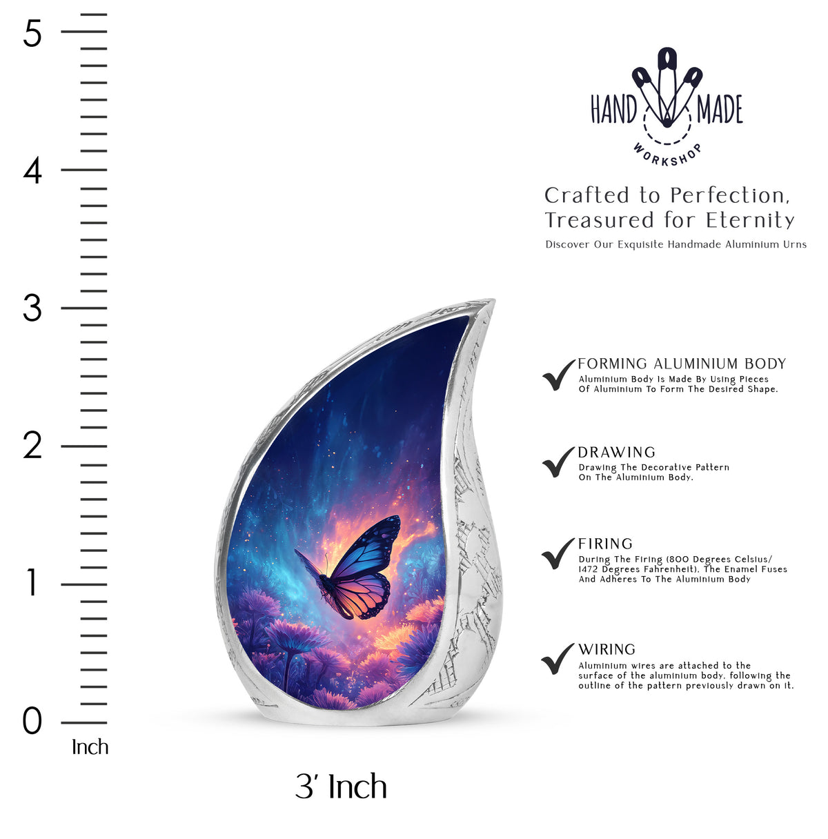 Sky Blue Butterfly Cremation Urn angled view of lid and engraved motif - flowing teardrop butterfly silhouette on curved aluminum - mini keepsake memorial for portion of cremation ashes