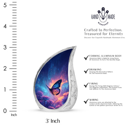 Sky Blue Butterfly Cremation Urn angled view of lid and engraved motif - flowing teardrop butterfly silhouette on curved aluminum - mini keepsake memorial for portion of cremation ashes