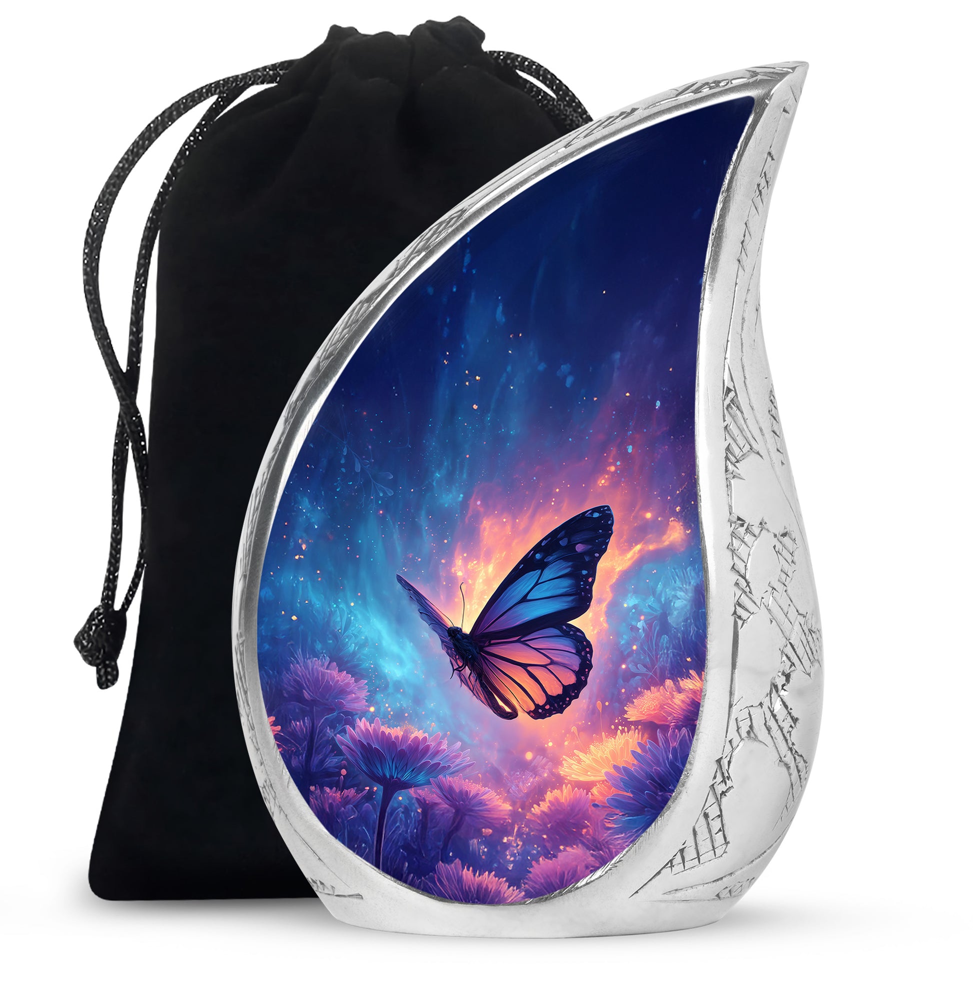 Slate Blue Butterfly Cremation Urn front view showing detailed design - flowing teardrop butterfly silhouette on curved aluminum - full-size 10 inch 200 cubic inch adult cremation urn