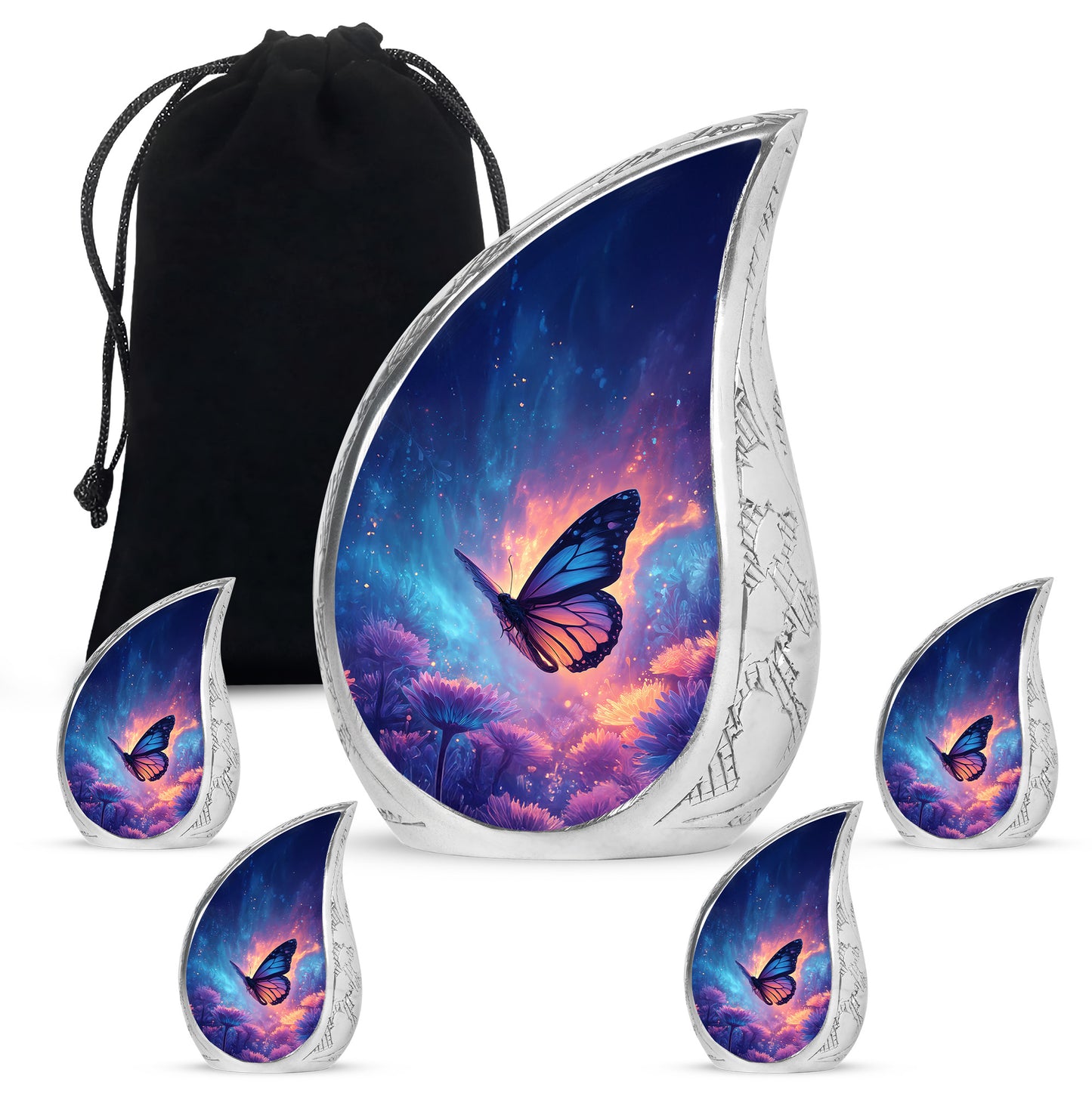 Navy Blue Butterfly Cremation Urn side profile showing urn shape - rounded teardrop butterfly design with delicate detail - memorial set with one large and four small urns