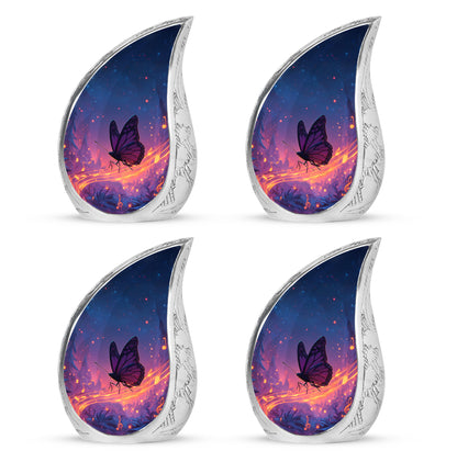 Twilight Blue Butterfly Cremation Urn close-up of engraving and surface detail - graceful tear-shaped urn with butterfly motif - 10 inch aluminum urn for cremated remains