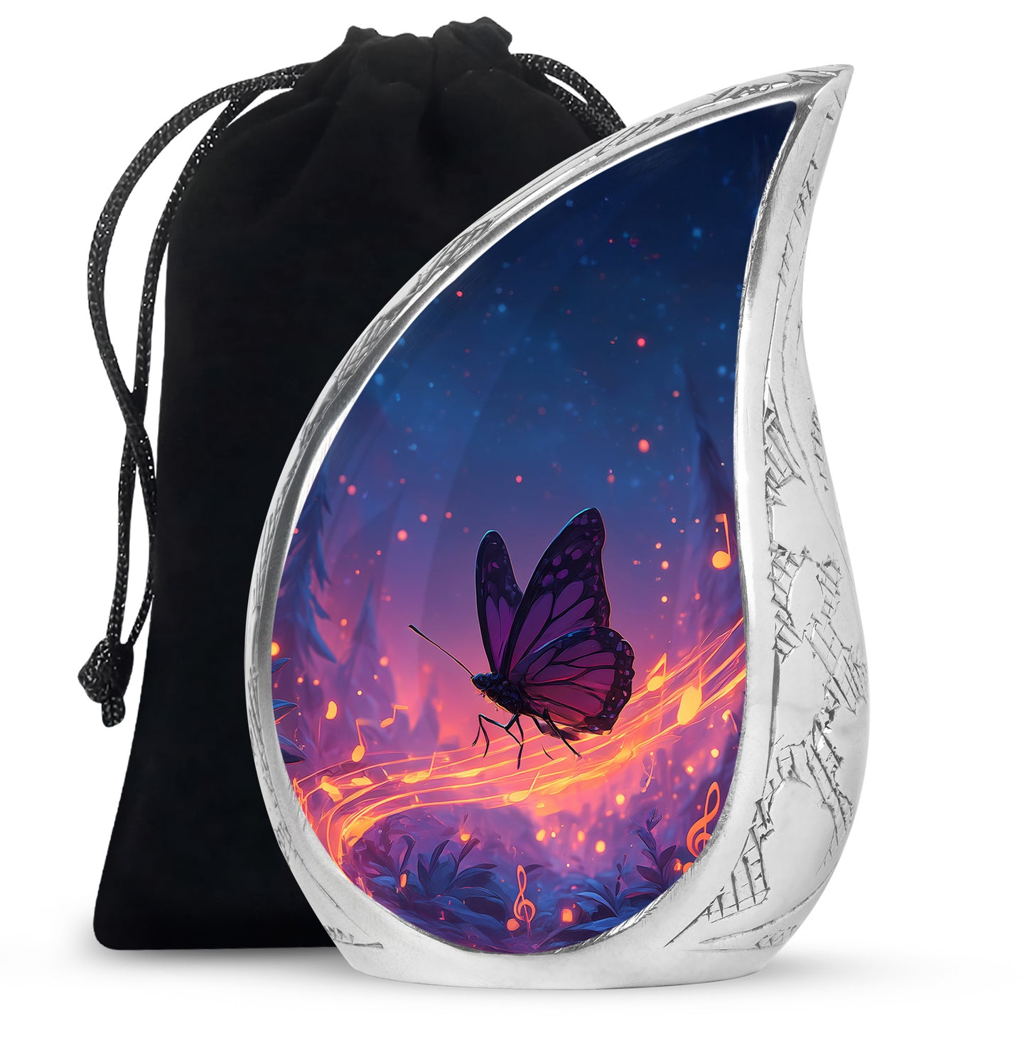Royal Blue Butterfly Cremation Urn front view showing detailed design - graceful tear-shaped urn with butterfly motif - full-size 10 inch 200 cubic inch adult cremation urn