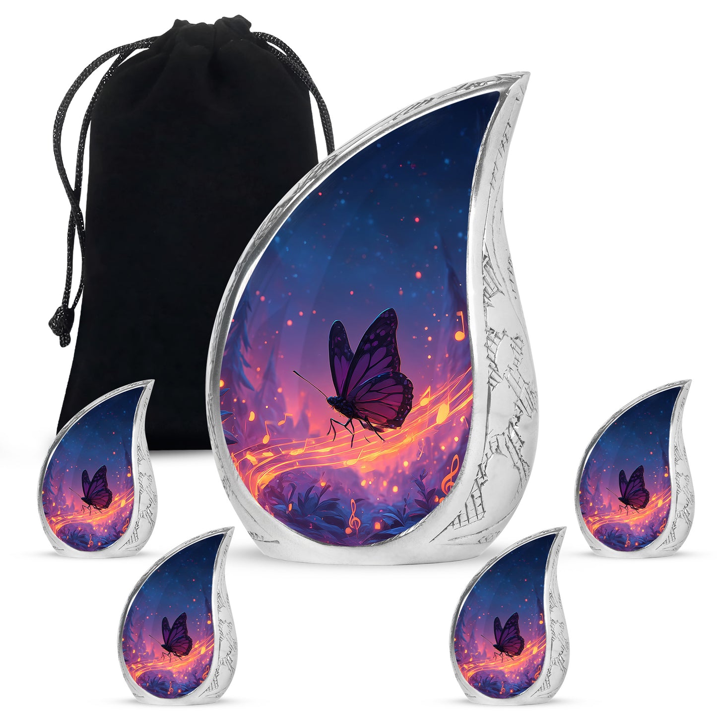 Navy Blue Butterfly Cremation Urn side profile showing urn shape - flowing teardrop butterfly silhouette on curved aluminum - memorial set with one large and four small urns