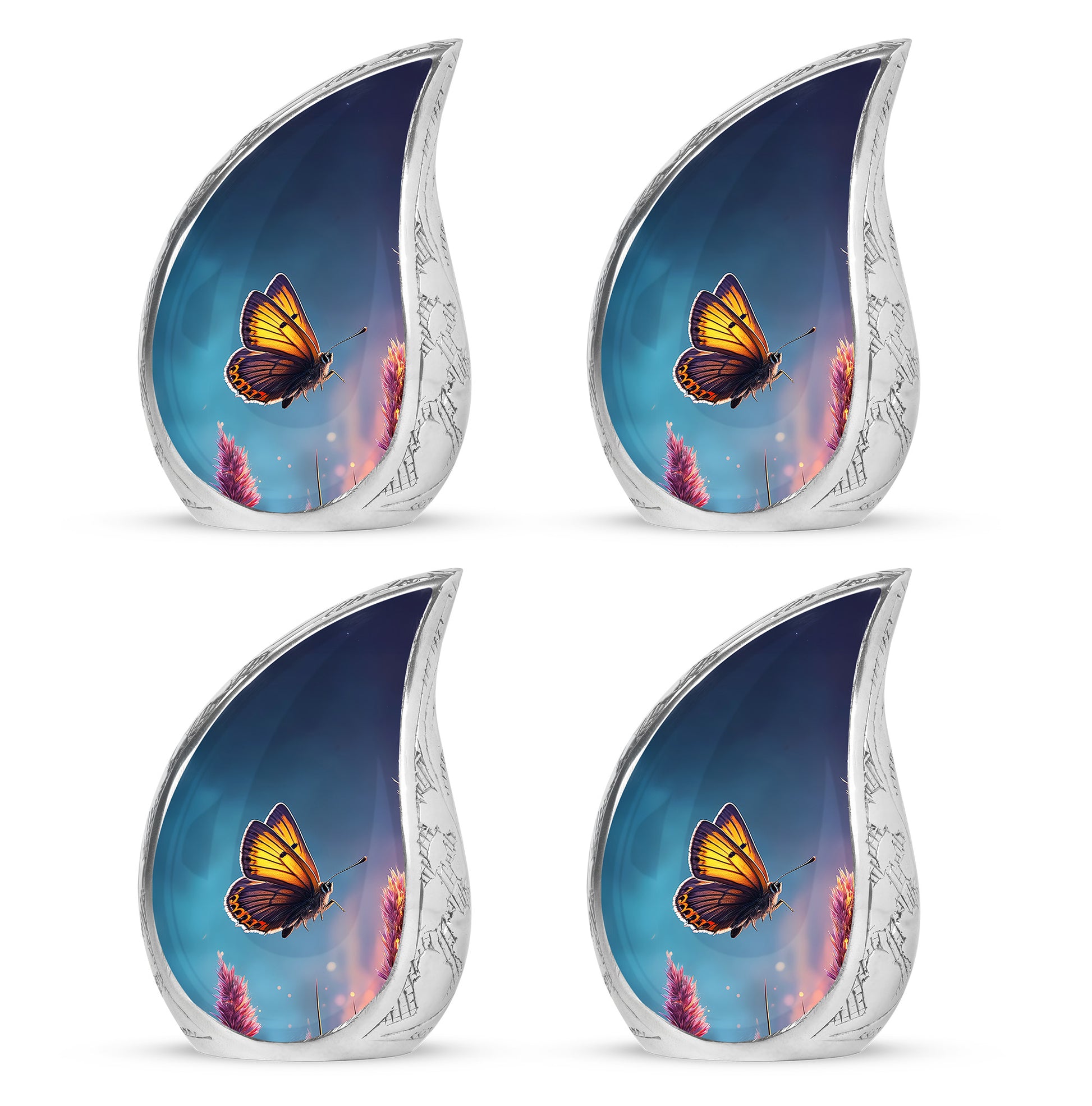 Slate Blue Butterfly Cremation Urn close-up of engraving and surface detail - flowing teardrop butterfly silhouette on curved aluminum - 10 inch aluminum urn for cremated remains