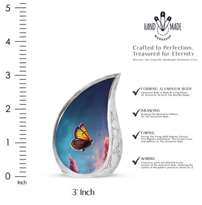 Slate Blue Butterfly Cremation Urn angled view of lid and engraved motif - rounded teardrop butterfly design with delicate detail - mini keepsake memorial for portion of cremation ashes