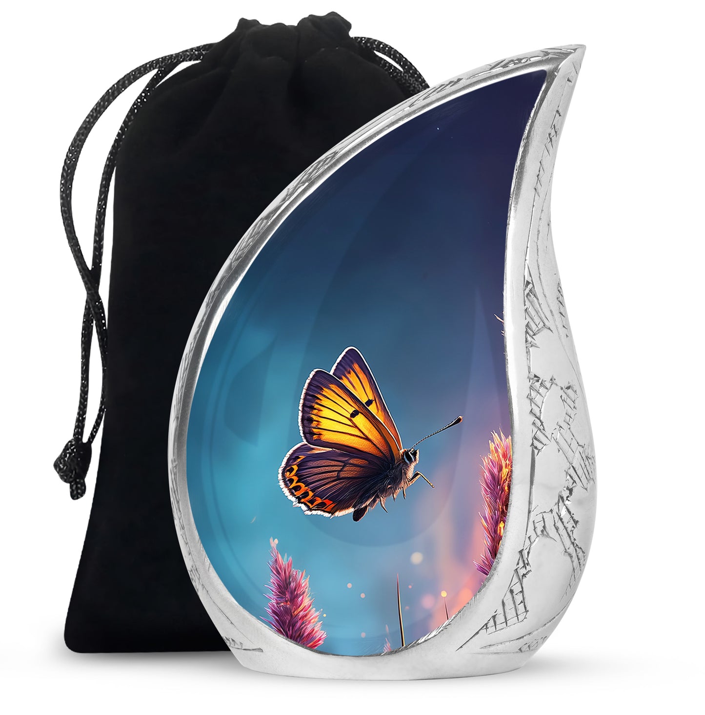 Navy Blue Butterfly Cremation Urn front view showing detailed design - rounded teardrop butterfly design with delicate detail - full-size 10 inch 200 cubic inch adult cremation urn