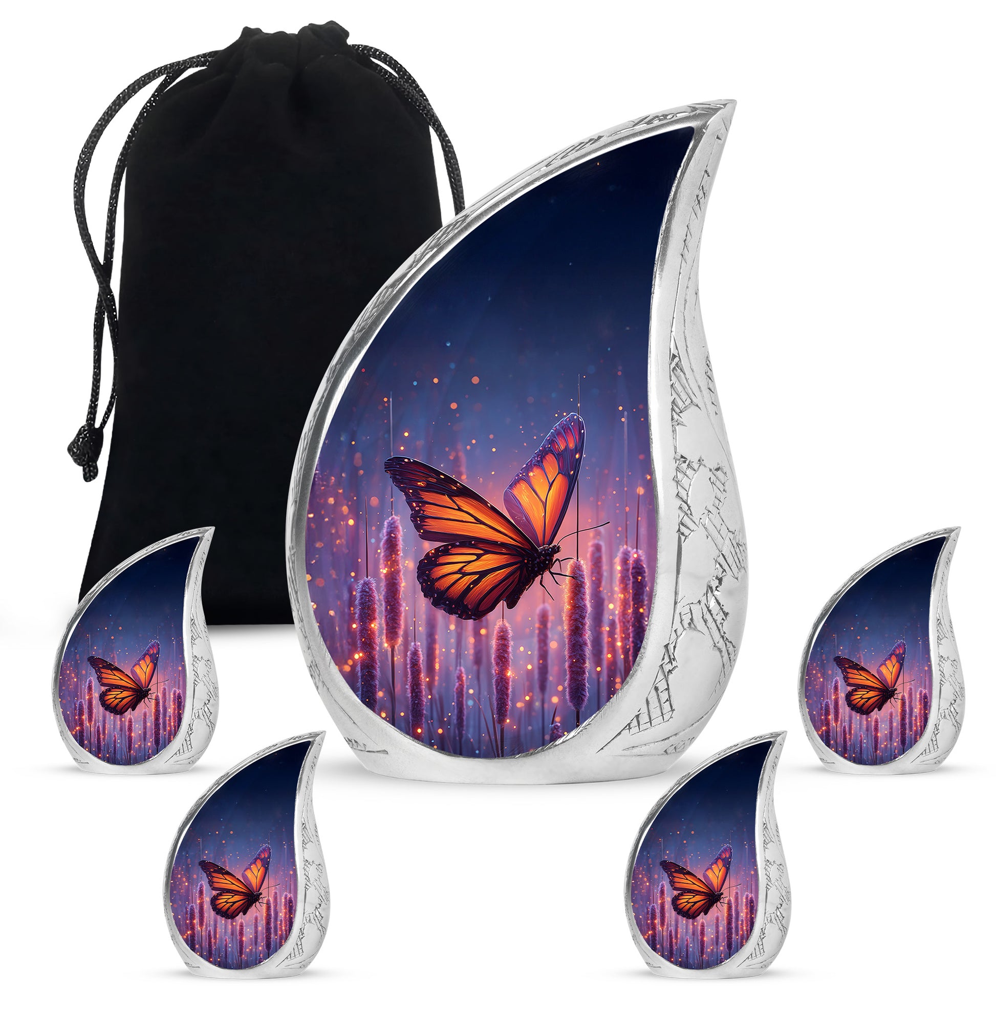 Icy Blue Butterfly Cremation Urn side profile showing urn shape - rounded teardrop butterfly design with delicate detail - memorial set with one large and four small urns