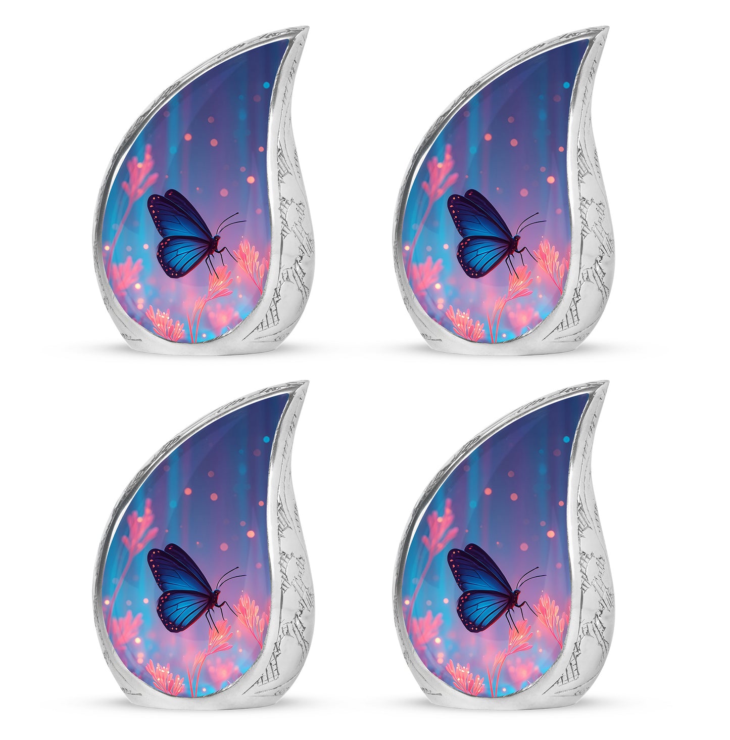 Sapphire Blue Butterfly Cremation Urn close-up of engraving and surface detail - graceful tear-shaped urn with butterfly motif - 10 inch aluminum urn for cremated remains