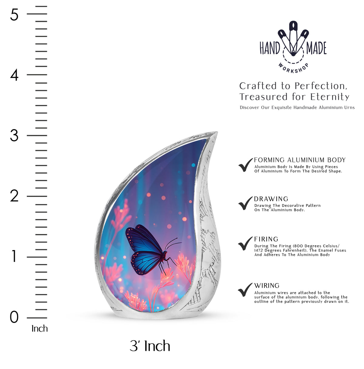 Cornflower Blue Butterfly Cremation Urn angled view of lid and engraved motif - smooth teardrop contour featuring butterfly art - mini keepsake memorial for portion of cremation ashes