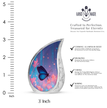 Cornflower Blue Butterfly Cremation Urn angled view of lid and engraved motif - smooth teardrop contour featuring butterfly art - mini keepsake memorial for portion of cremation ashes