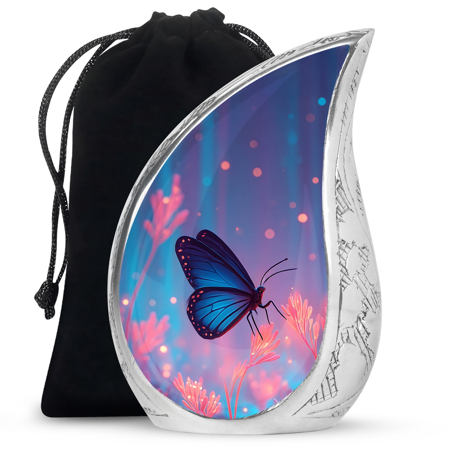 Sky Blue Butterfly Cremation Urn front view showing detailed design - flowing teardrop butterfly silhouette on curved aluminum - full-size 10 inch 200 cubic inch adult cremation urn