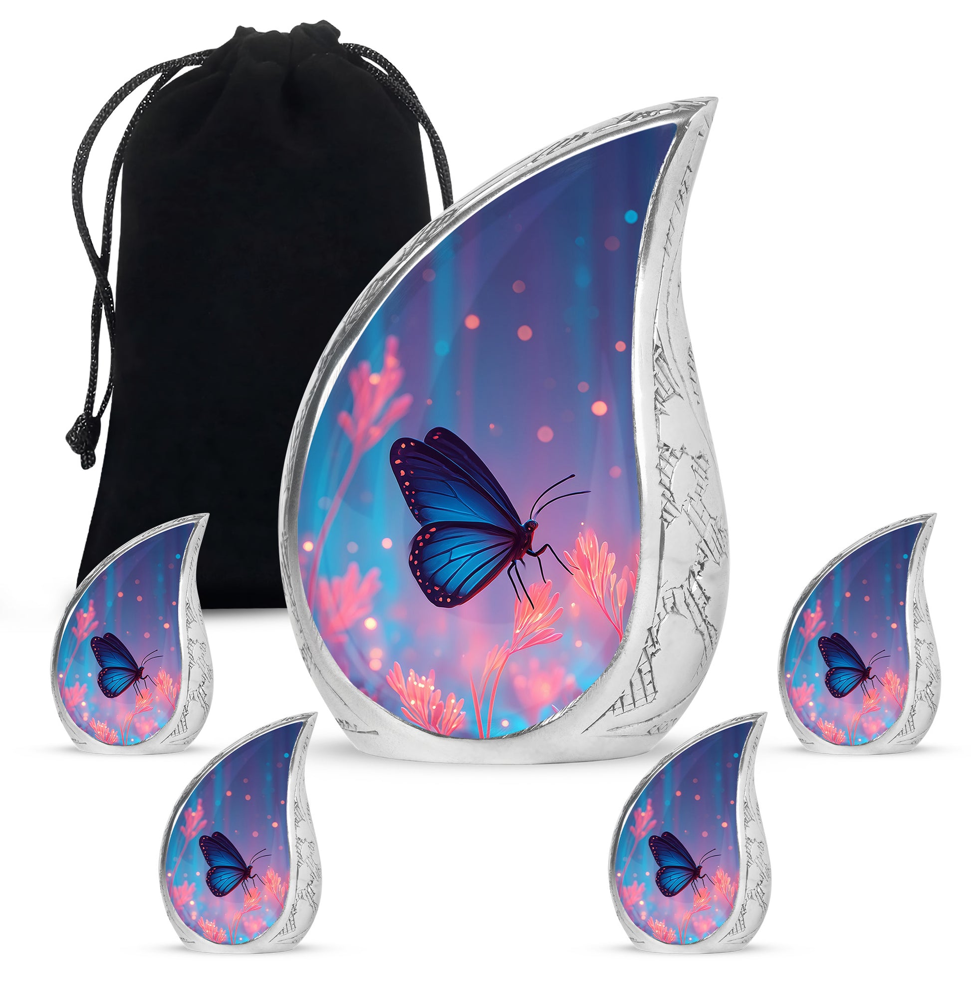 Dusty Blue Butterfly Cremation Urn side profile showing urn shape - flowing teardrop butterfly silhouette on curved aluminum - memorial set with one large and four small urns