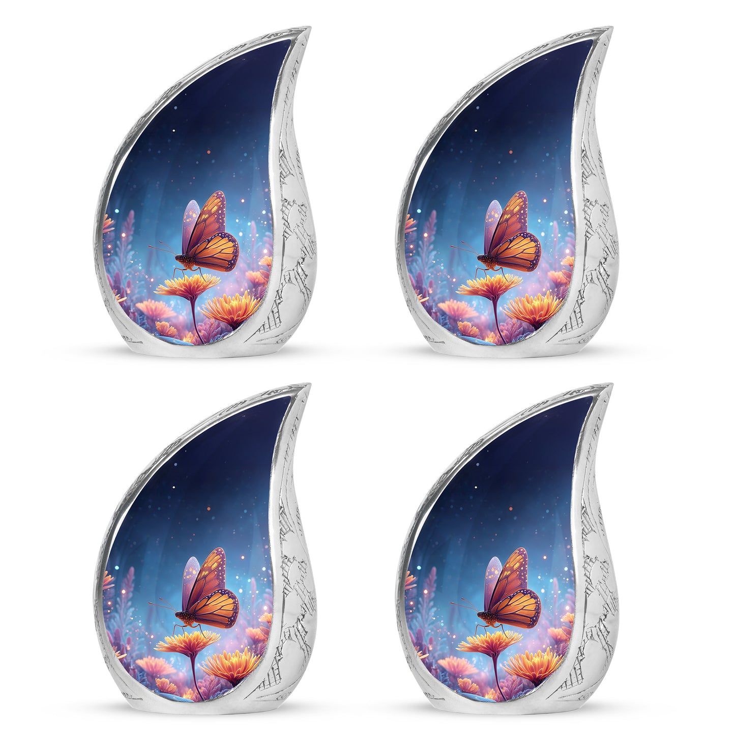 Icy Blue Butterfly Cremation Urn close-up of engraving and surface detail - flowing teardrop butterfly silhouette on curved aluminum - 10 inch aluminum urn for cremated remains