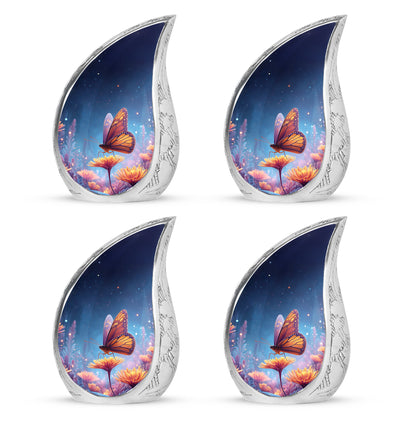 Icy Blue Butterfly Cremation Urn close-up of engraving and surface detail - flowing teardrop butterfly silhouette on curved aluminum - 10 inch aluminum urn for cremated remains