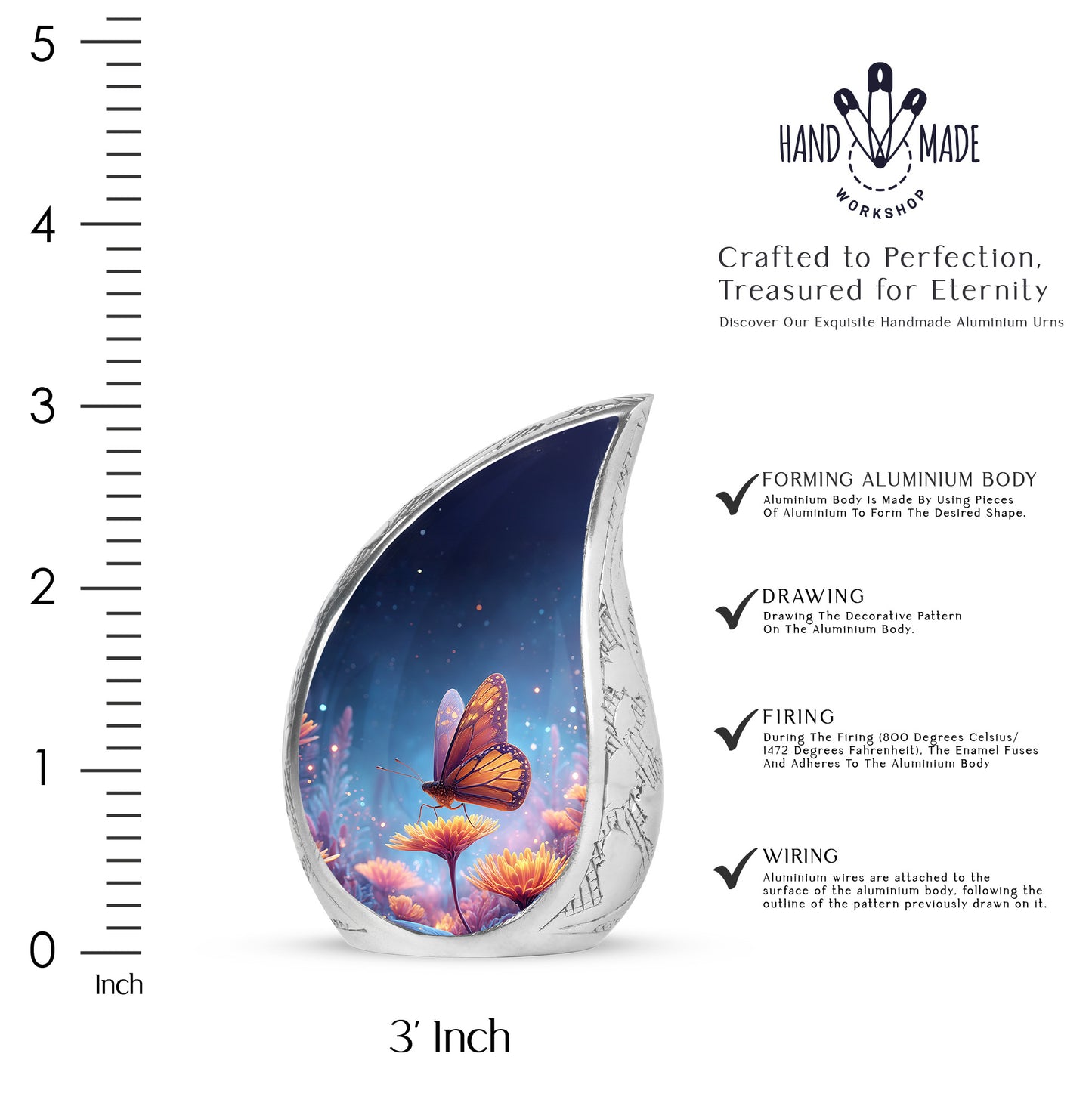 Indigo Butterfly Cremation Urn angled view of lid and engraved motif - flowing teardrop butterfly silhouette on curved aluminum - mini keepsake memorial for portion of cremation ashes