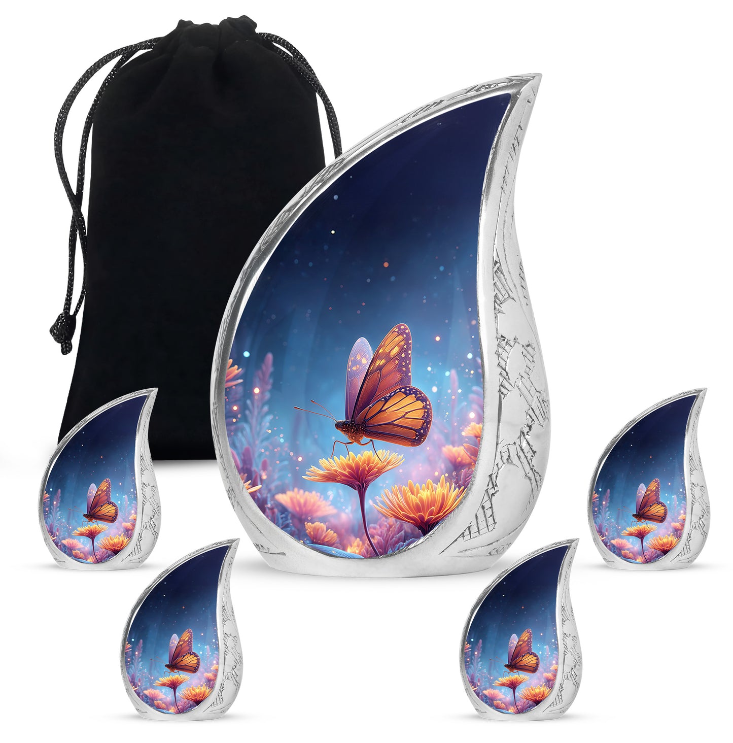 Dusty Blue Butterfly Cremation Urn side profile showing urn shape - rounded teardrop butterfly design with delicate detail - memorial set with one large and four small urns