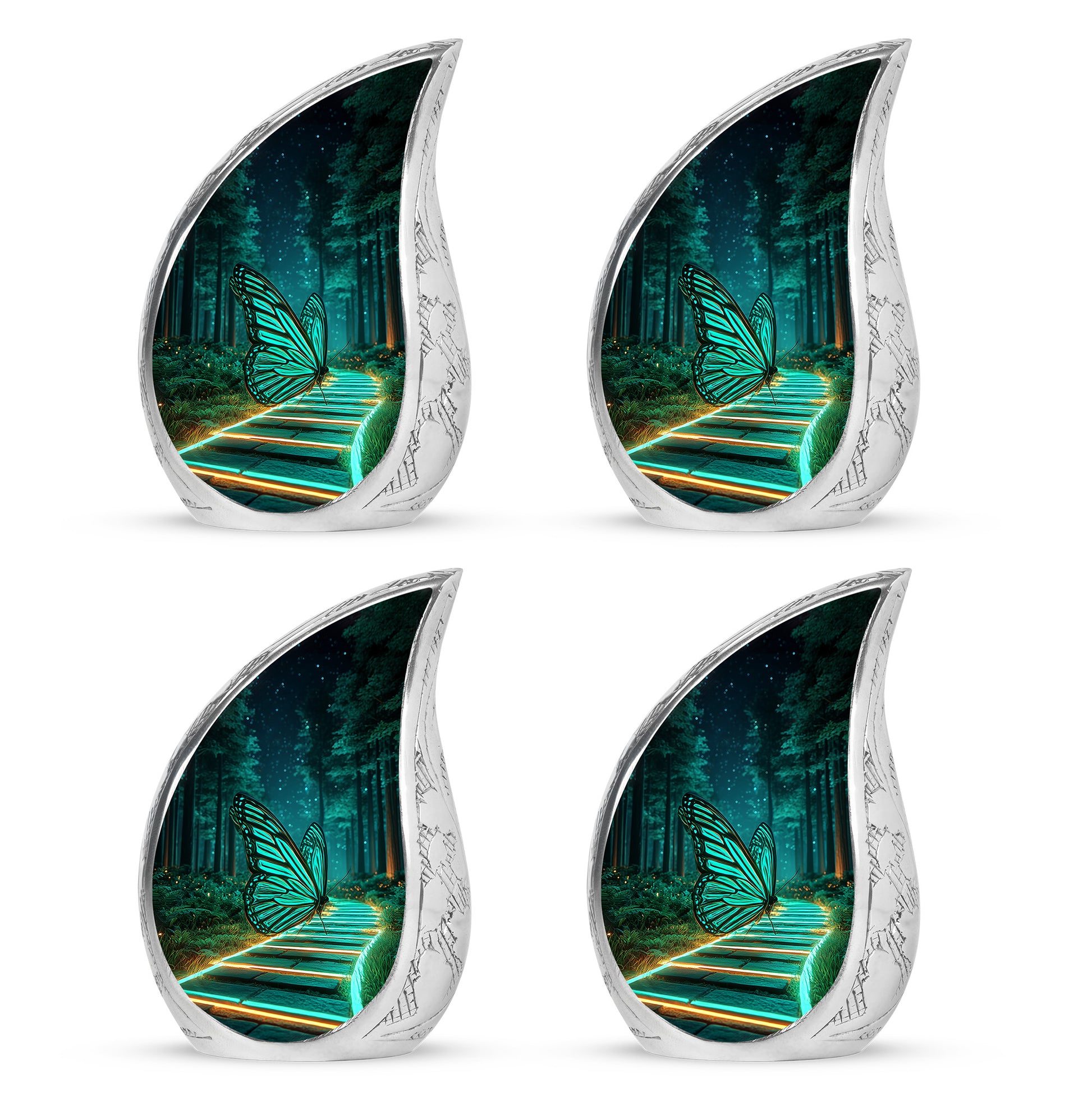 Onyx Black Butterfly Cremation Urn close-up of engraving and surface detail - graceful tear-shaped urn with butterfly motif - 10 inch aluminum urn for cremated remains