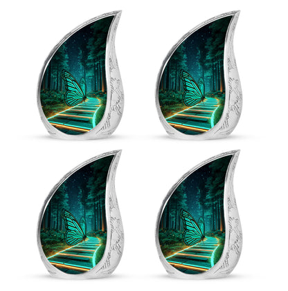 Onyx Black Butterfly Cremation Urn close-up of engraving and surface detail - graceful tear-shaped urn with butterfly motif - 10 inch aluminum urn for cremated remains