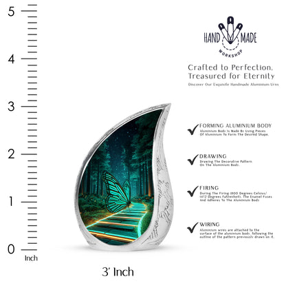 Rich Black Butterfly Cremation Urn angled view of lid and engraved motif - rounded teardrop butterfly design with delicate detail - mini keepsake memorial for portion of cremation ashes