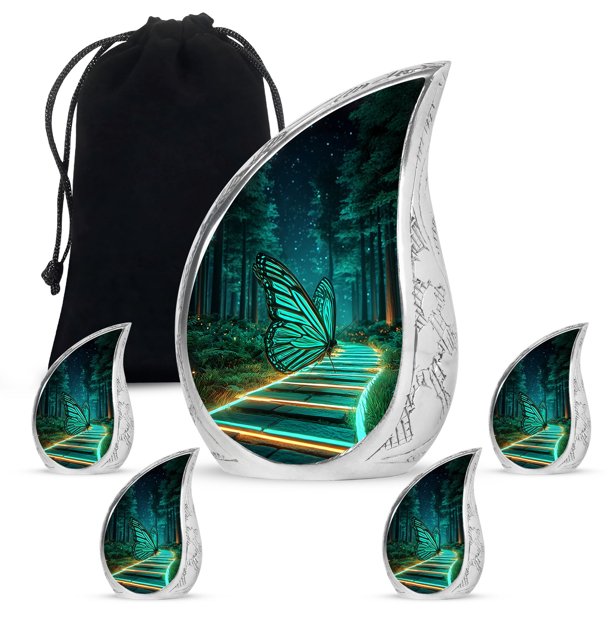 Onyx Black Butterfly Cremation Urn side profile showing urn shape - smooth teardrop contour featuring butterfly art - memorial set with one large and four small urns