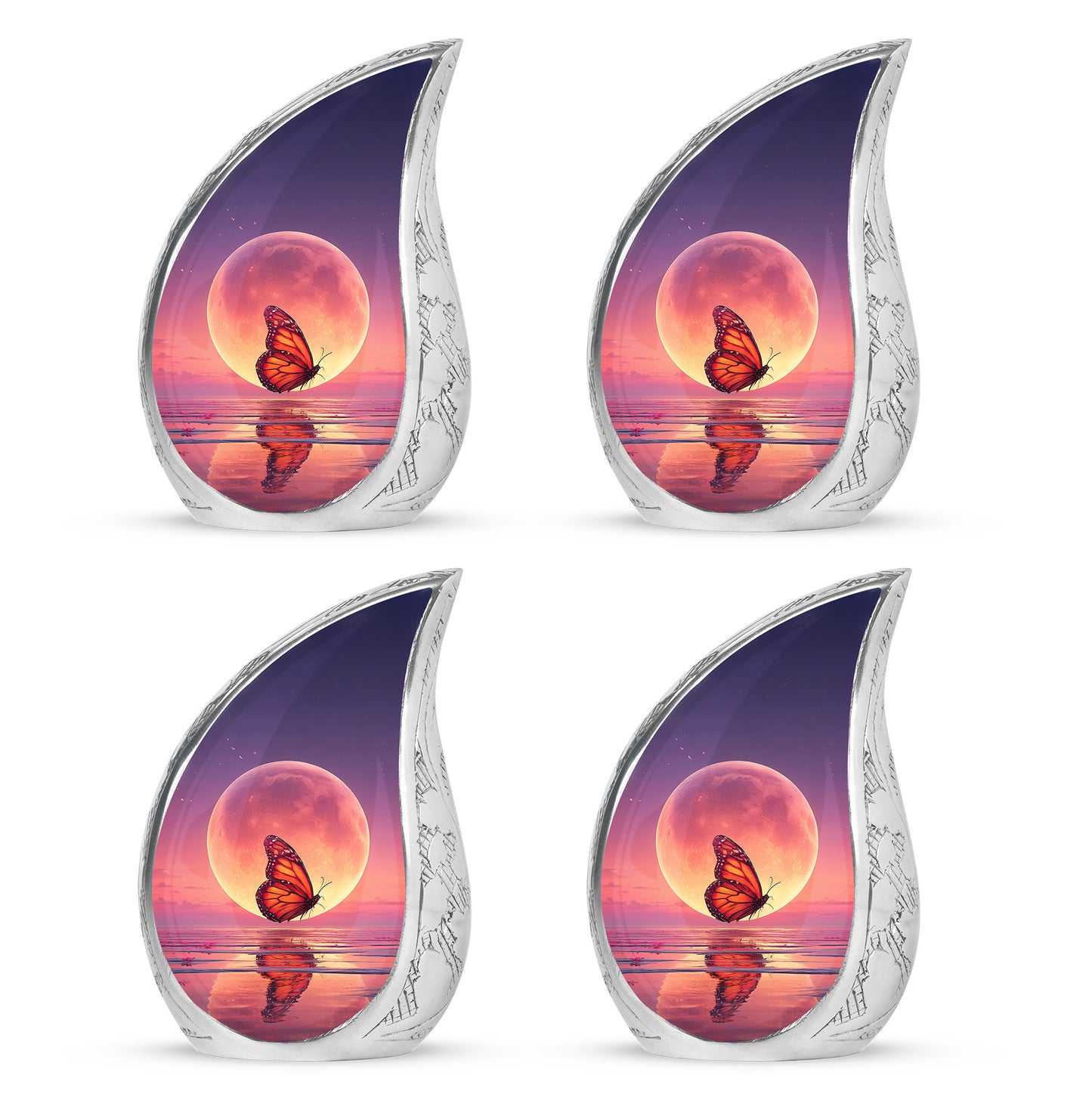 Dusty Blue Butterfly Cremation Urn close-up of engraving and surface detail - flowing teardrop butterfly silhouette on curved aluminum - 10 inch aluminum urn for cremated remains