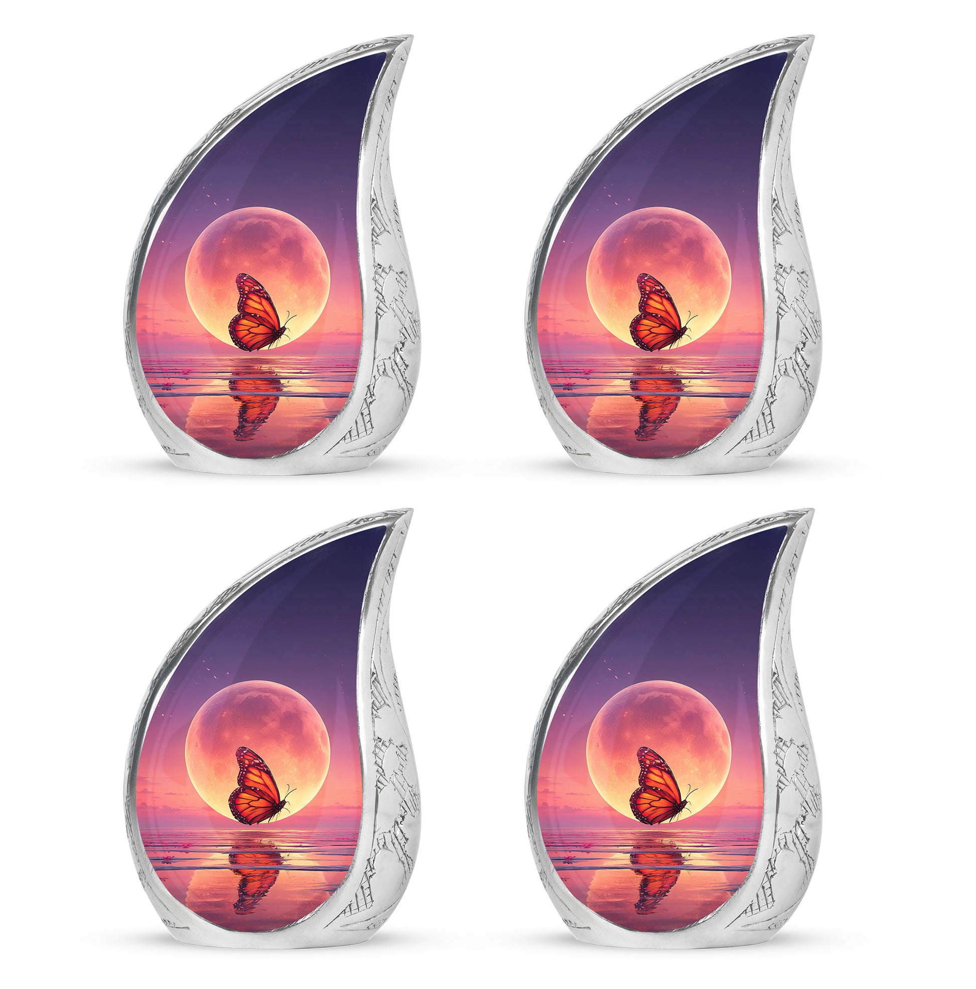 Dusty Blue Butterfly Cremation Urn close-up of engraving and surface detail - flowing teardrop butterfly silhouette on curved aluminum - 10 inch aluminum urn for cremated remains