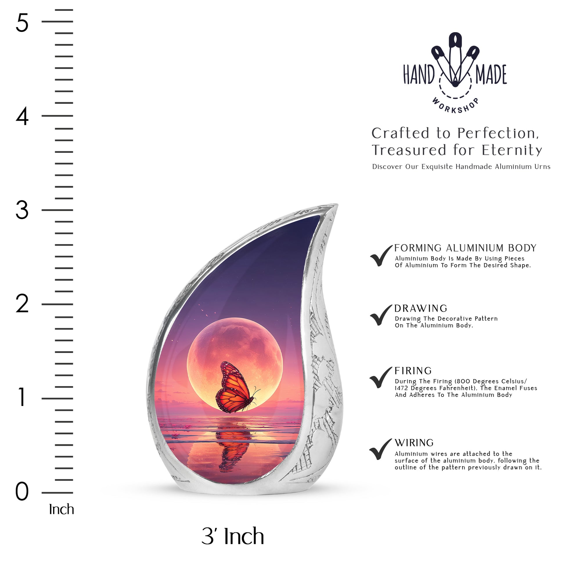 Pastel Blue Butterfly Cremation Urn angled view of lid and engraved motif - flowing teardrop butterfly silhouette on curved aluminum - mini keepsake memorial for portion of cremation ashes
