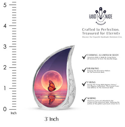 Pastel Blue Butterfly Cremation Urn angled view of lid and engraved motif - flowing teardrop butterfly silhouette on curved aluminum - mini keepsake memorial for portion of cremation ashes