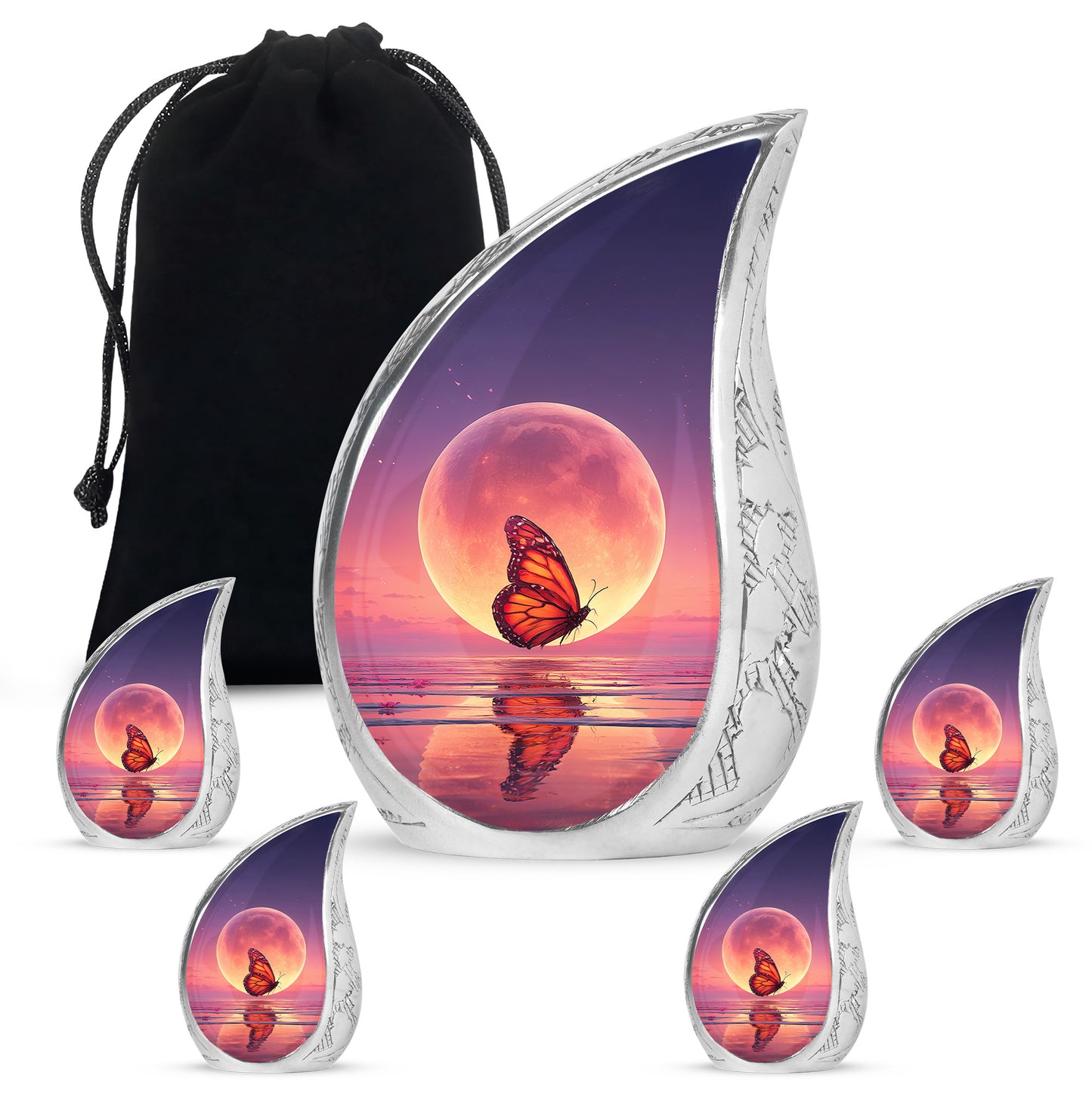 Celestial Blue Butterfly Cremation Urn side profile showing urn shape - rounded teardrop butterfly design with delicate detail - memorial set with one large and four small urns