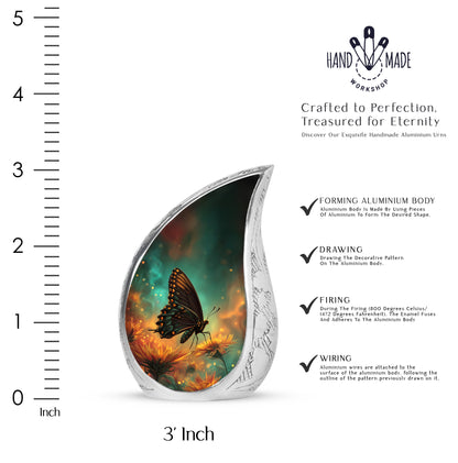 Jewel Teal Butterfly Cremation Urn angled view of lid and engraved motif - flowing teardrop butterfly silhouette on curved aluminum - mini keepsake memorial for portion of cremation ashes
