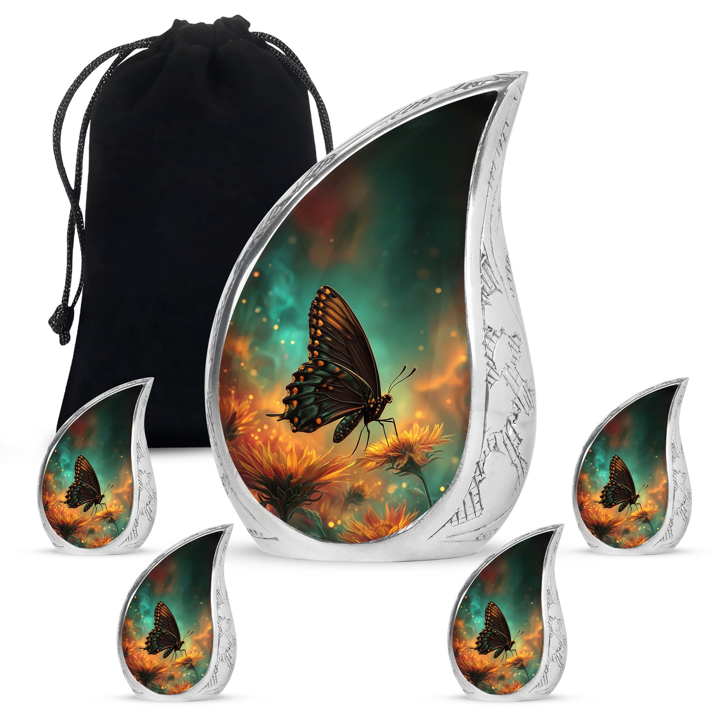 Cool Teal Butterfly Cremation Urn side profile showing urn shape - rounded teardrop butterfly design with delicate detail - memorial set with one large and four small urns